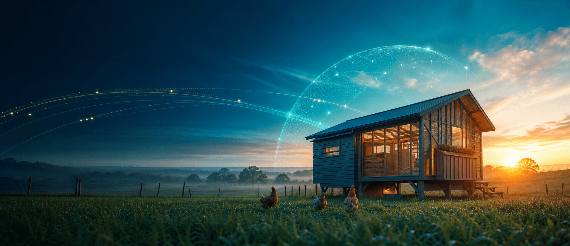A connected modern chicken coop at sunrise